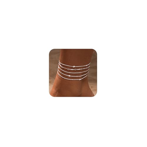 LEXODY Silver/Gold Anklets for Women, Sterling Silver Evil Eye Ankle Bracelets for Women Trendy Dainty Waterproof Anklets Set Adjustable Layered Anklet Bracelets for Women Silver Jewelry Gift - Image 1
