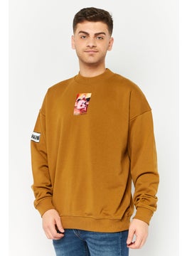 Men Crew Neck Graphic Print Long Sleeves Sweatshirt, Brown