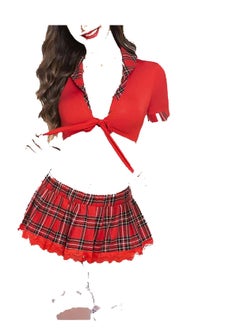 Women Tie Front Crop Top And Lace Trim Plaid Skirt Lingerie Set
