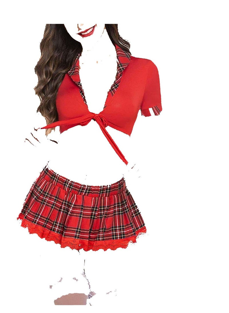Generic - Women Tie Front Crop Top And Lace Trim Plaid Skirt Lingerie Set - Image 1