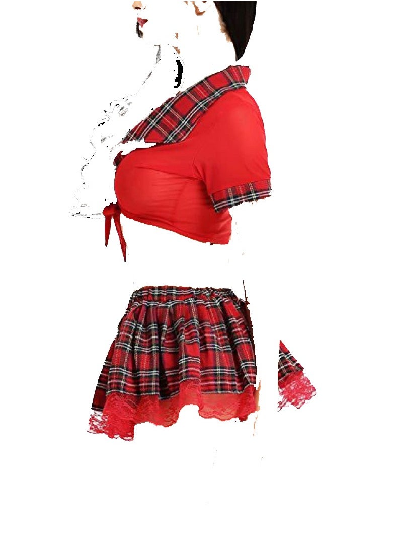 Generic - Women Tie Front Crop Top And Lace Trim Plaid Skirt Lingerie Set - Image 1