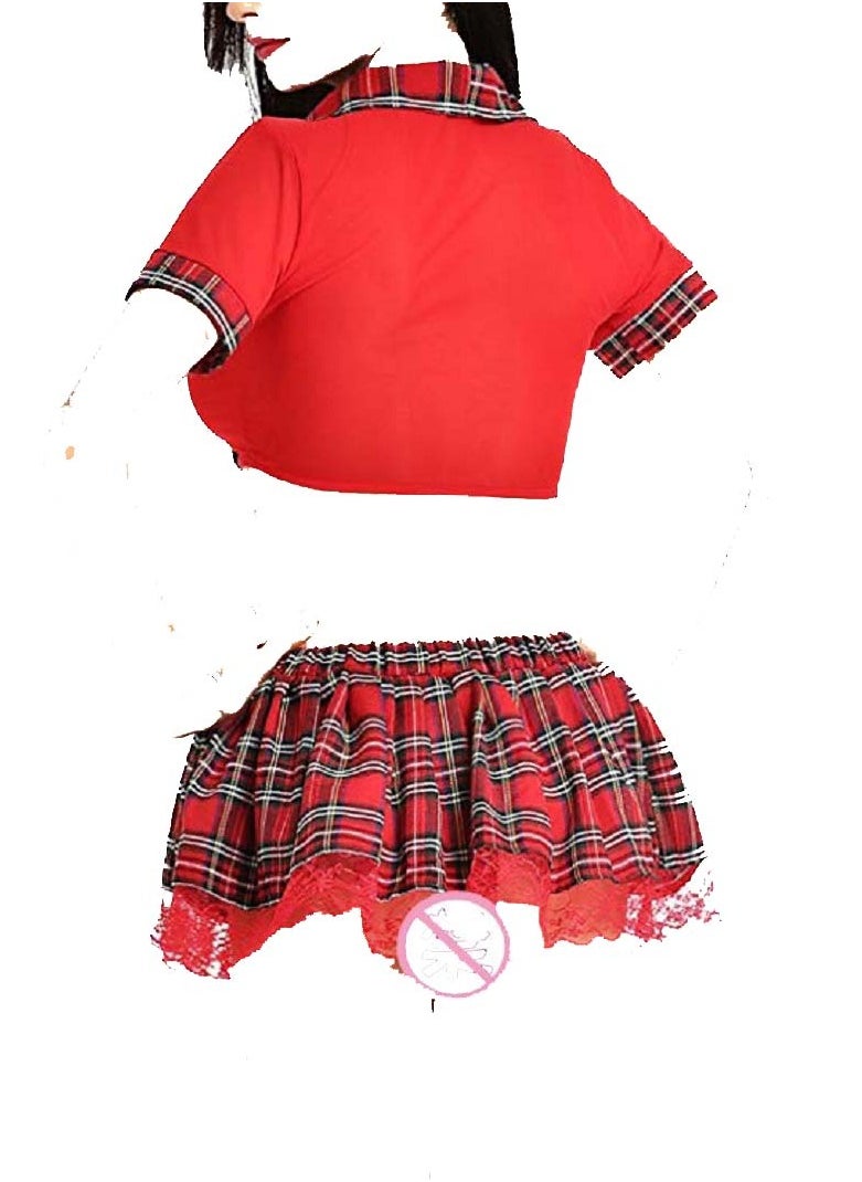 Generic - Women Tie Front Crop Top And Lace Trim Plaid Skirt Lingerie Set - Image 1
