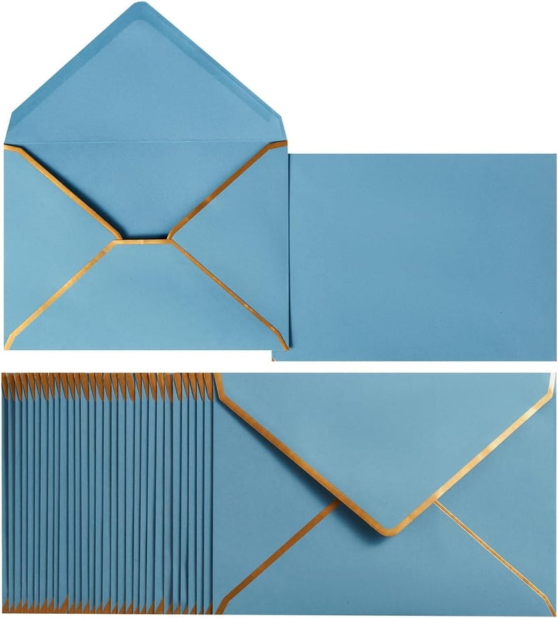 Homtable 50 Pack A4 Envelopes Dusty-Blue 4x6 Envelopes Self-Adhesive V Flap Envelopes with Gold Border for Office, Wedding Gift Cards, Invitations, Graduation, Baby Shower, Parties (4.25x6.25 inches) - Image 1