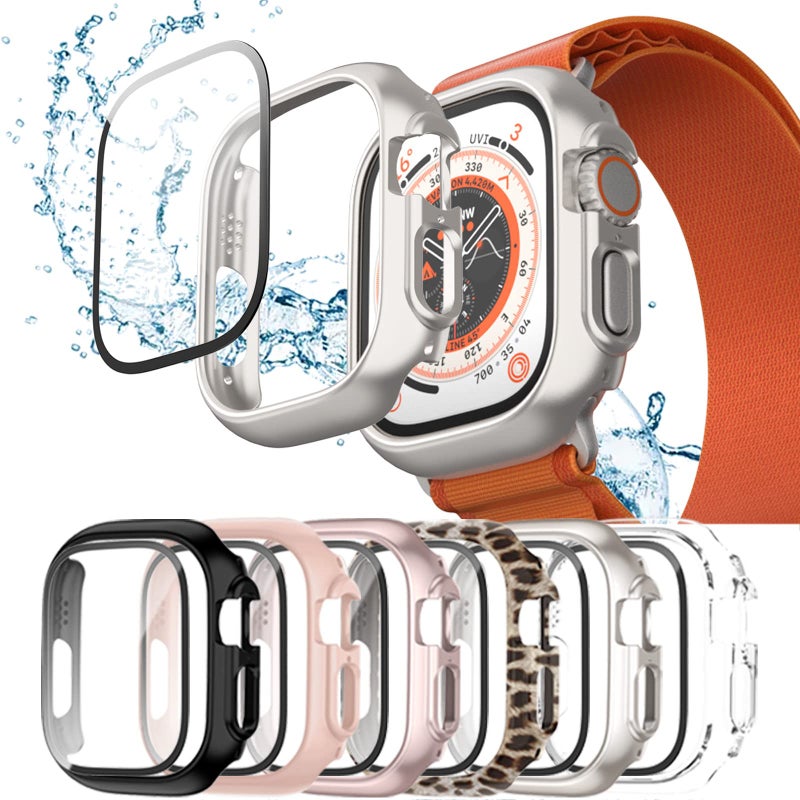 Cuteey Apple Watch Ultra 49mm 6+6 Pack Waterproof Case with Separate No-Fog Tempered Glass, Full Protection Hard PC Cover, Leopard - Image 1