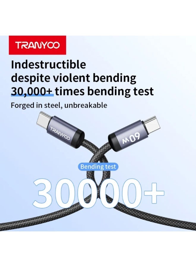 TRANYOO 60W USB-C to USB-C Fast Charging Cable – Durable Braided Design, Fast Charge & Data Transfer, Compatible with iPhone 15, Android & USB-C Devices - Image 4