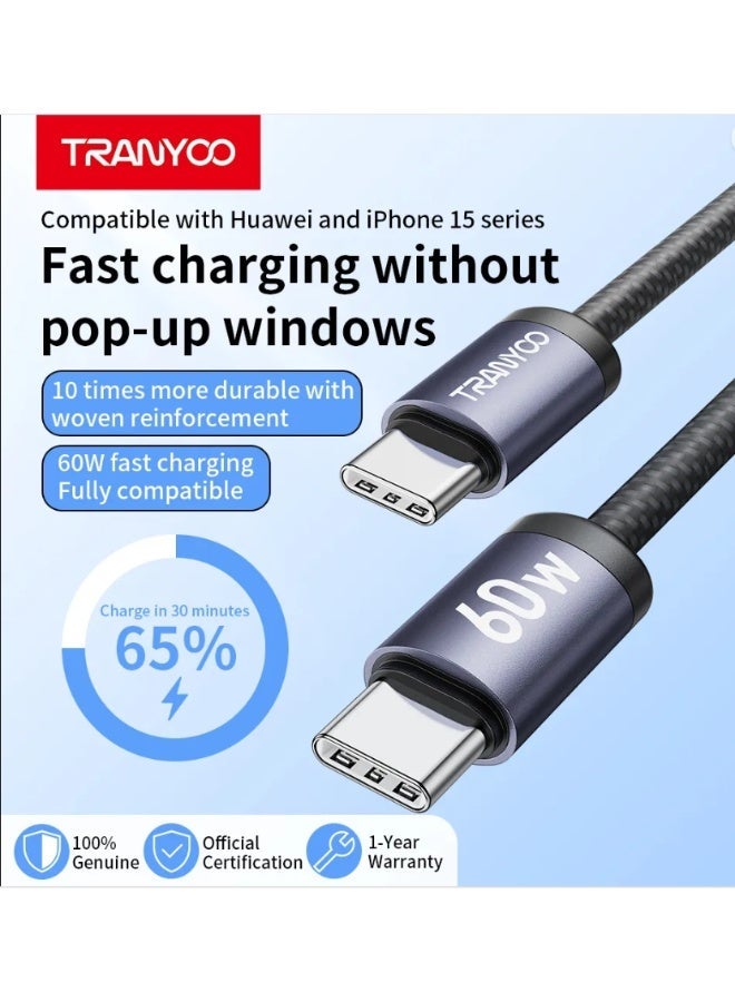 TRANYOO 60W USB-C to USB-C Fast Charging Cable – Durable Braided Design, Fast Charge & Data Transfer, Compatible with iPhone 15, Android & USB-C Devices - Image 2