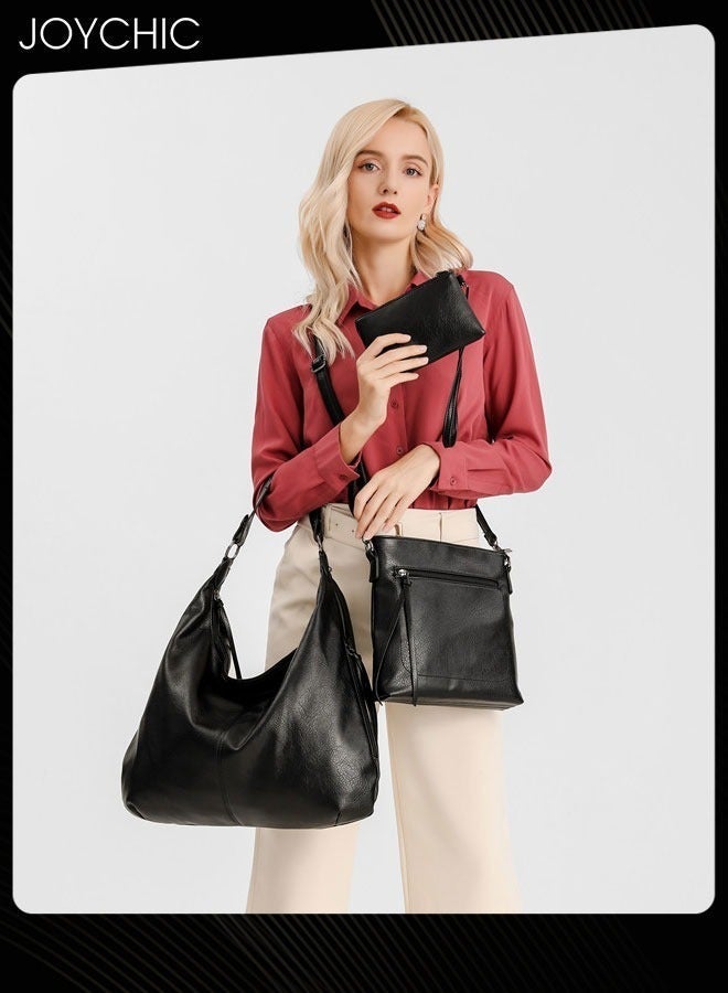 Joychic 3 Piece New Fashion Women Handbag Large Capacity Commuting Shoulder Crossbody Bag Soft PU Waterproof and Wear Resistant Ladies Tote Black - Image 1
