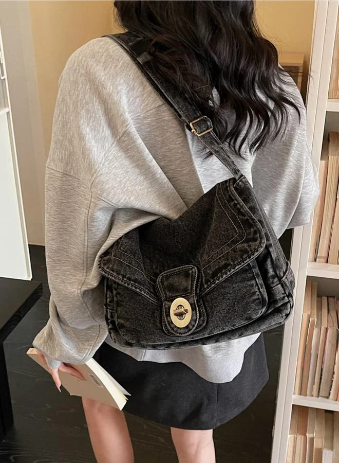تايك تو Black Denim Shoulder Bag with Turn-Lock