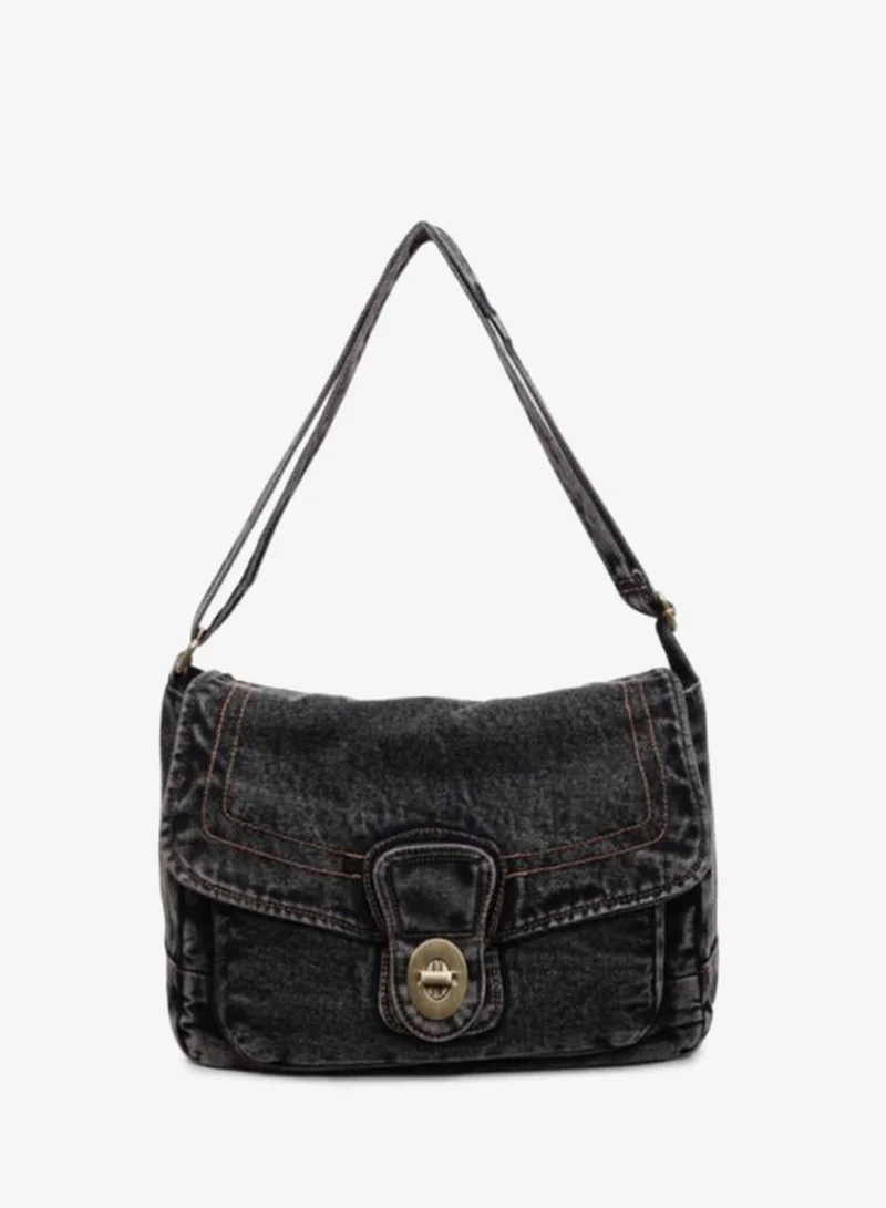 Take Two Black Denim Shoulder Bag with Turn-Lock
