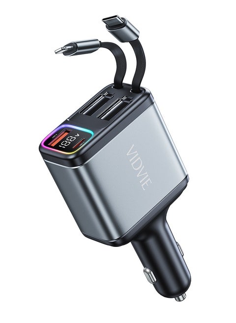 Car Charger 4 IN 1 Double Retractable Cord Fast Charge Car Charger Adapter with Collapsible Lightning & Type C Cables