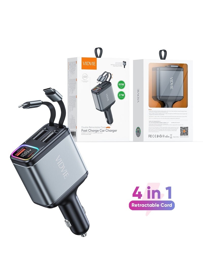 Car Charger 4 IN 1 Double Retractable Cord Fast Charge Car Charger Adapter with Collapsible Lightning & Type C Cables