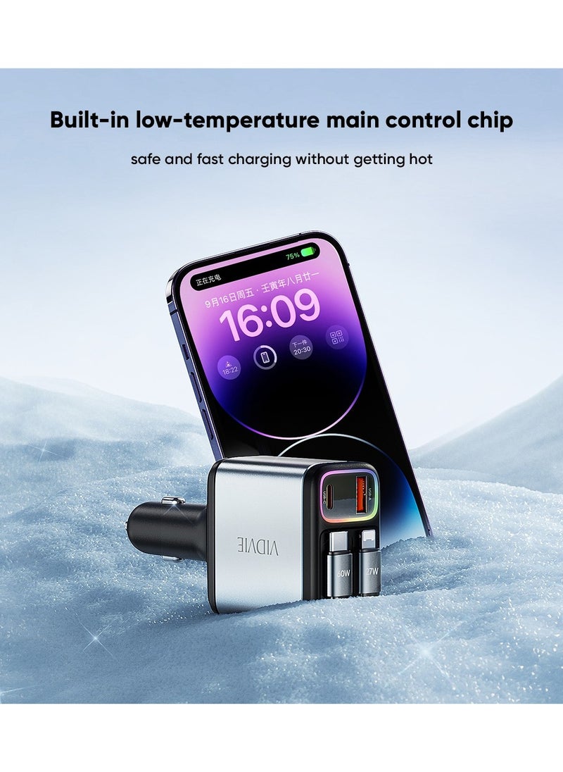 Car Charger 4 IN 1 Double Retractable Cord Fast Charge Car Charger Adapter with Collapsible Lightning & Type C Cables