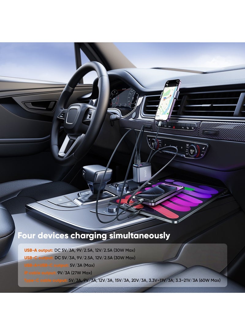 Car Charger 4 IN 1 Double Retractable Cord Fast Charge Car Charger Adapter with Collapsible Lightning & Type C Cables