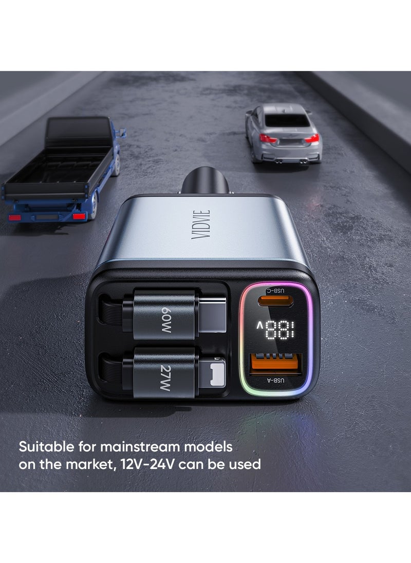 Car Charger 4 IN 1 Double Retractable Cord Fast Charge Car Charger Adapter with Collapsible Lightning & Type C Cables