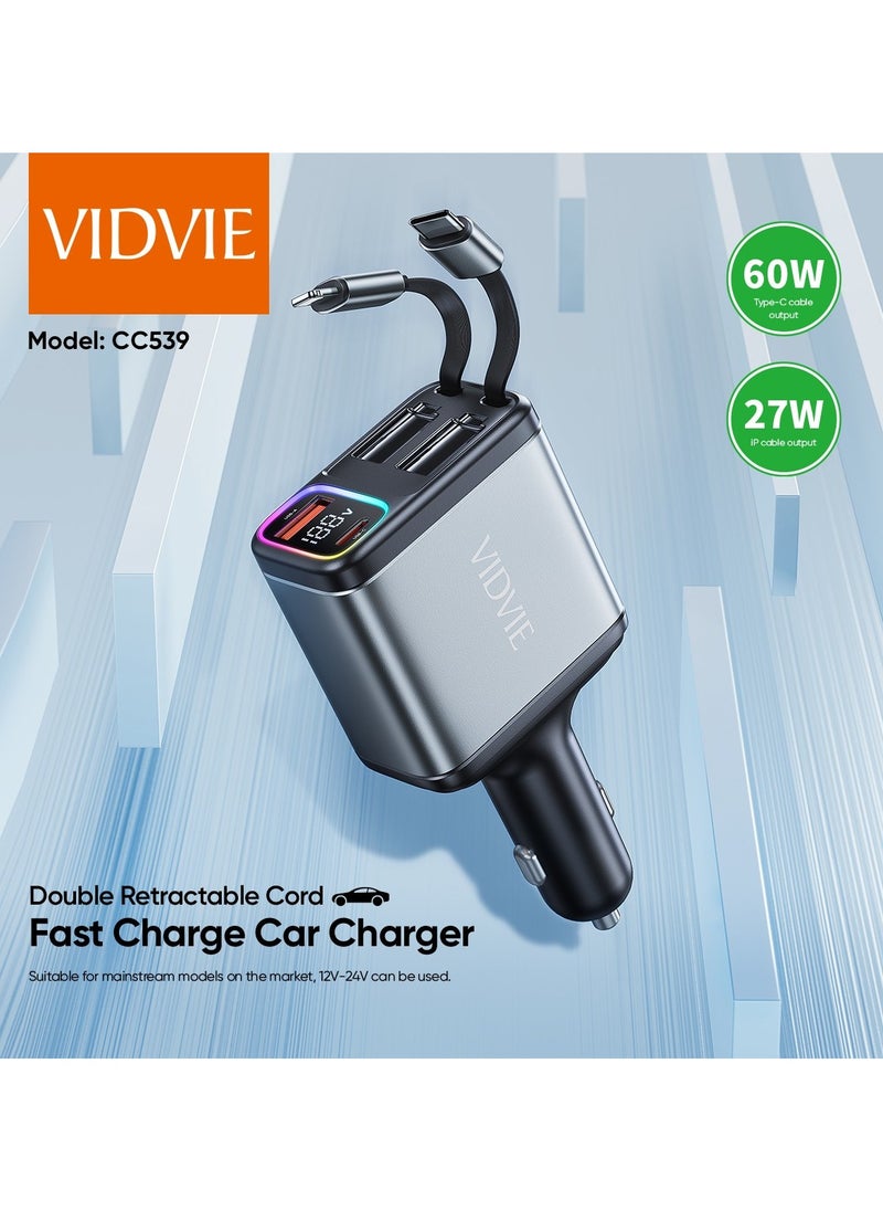 Car Charger 4 IN 1 Double Retractable Cord Fast Charge Car Charger Adapter with Collapsible Lightning & Type C Cables