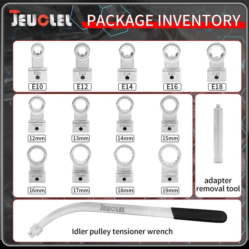 JEUCLEL 15PCS Universal Auxiliary Idler Belt Tensioner Pulley Removal Tool Kit, Serpentine Belt Tension Pulley Wrench Set, Engine Timing Belt Tensioning Nut Bolt Screw Remover - Image 2