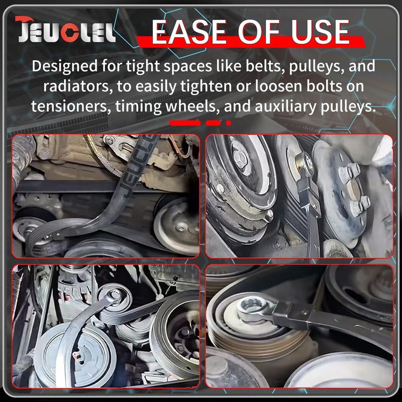 JEUCLEL 15PCS Universal Auxiliary Idler Belt Tensioner Pulley Removal Tool Kit, Serpentine Belt Tension Pulley Wrench Set, Engine Timing Belt Tensioning Nut Bolt Screw Remover - Image 4