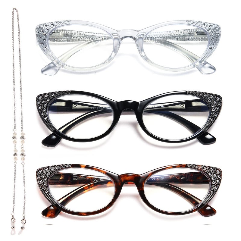 EYEURL Cat Eye Reading Glasses for Women Blue Light Blocking 3 Pack Computer Readers 10 with Spring Hinge Eyeglasses Anti Glare UV Rays