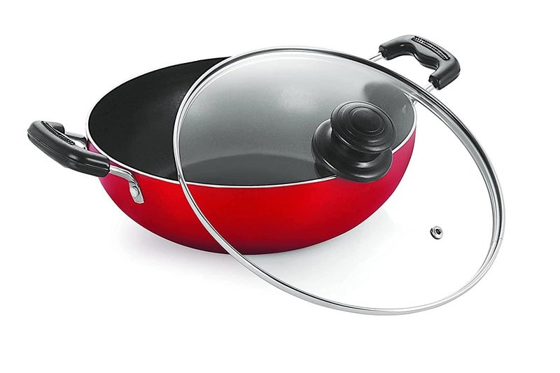 Dynore 2.5L Aluminium Non-Stick Deep Kadai|Gas & Induction Compatible|Free Non-Stick | Stain Free Interior | Durable Glass Lid - Sturdy Handles|Red Color - Image 3