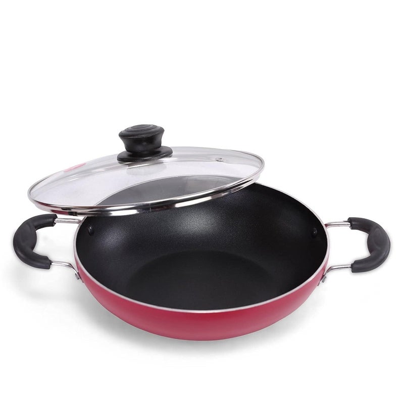 Dynore 2.5L Aluminium Non-Stick Deep Kadai|Gas & Induction Compatible|Free Non-Stick | Stain Free Interior | Durable Glass Lid - Sturdy Handles|Red Color - Image 2