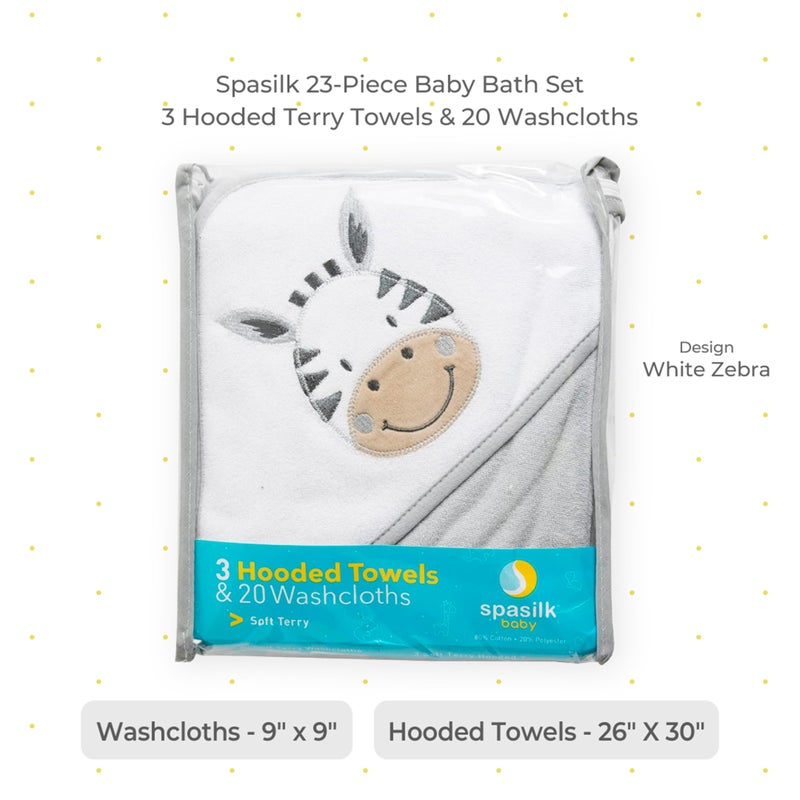 Spasilk 23-Piece Soft Terry Hooded Bath Towel and Washcloth Gift Set, 3 Baby Towels and 20 Baby Washcloths for Unisex Newborn Bath Essentials, Ideal, White Zebra - Image 2