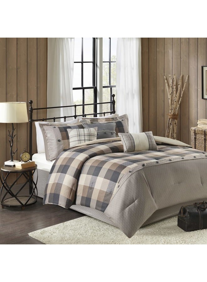 madison park Ridge Comforter Set-Cabin Lodge Plaid Herringbone Design All Season Down Alternative Cozy Bedding with Matching Bedskirt, Shams, Decorative Pillow, 104x92, Netural 7 Piece - Image 1