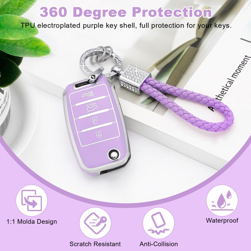 PIFOOG Key Fob Cover fit for Kia Soul Optima Sorento Sportage Rio Forte NIRO 4 Buttons Keys Case Shell Accessories Bling Car Keychain Full Protector Covers Purple Girly Women TPU - Image 3