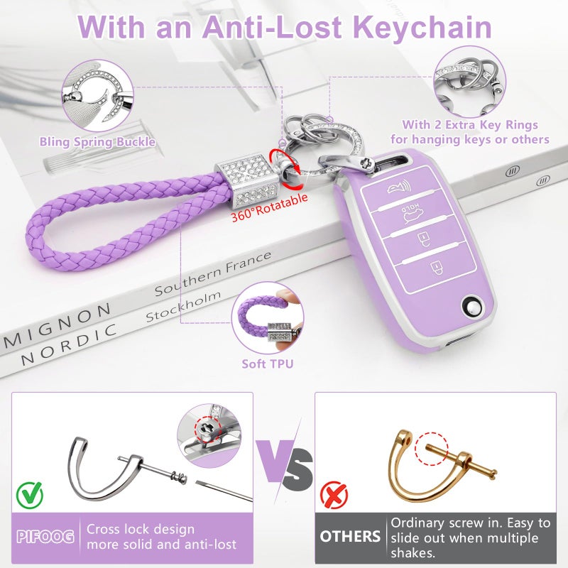 PIFOOG Key Fob Cover fit for Kia Soul Optima Sorento Sportage Rio Forte NIRO 4 Buttons Keys Case Shell Accessories Bling Car Keychain Full Protector Covers Purple Girly Women TPU - Image 5