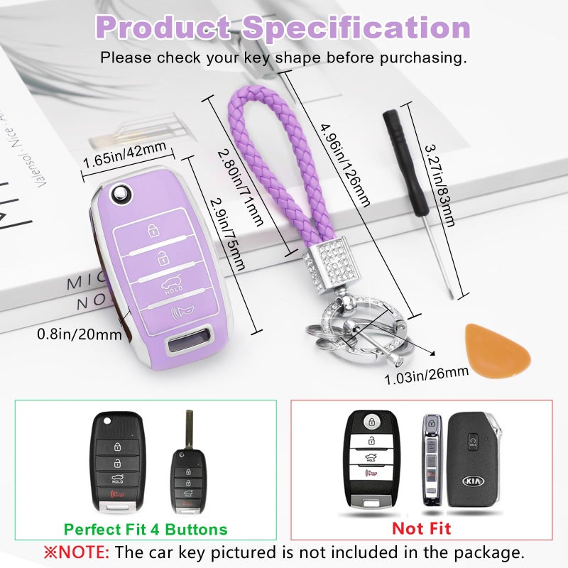 PIFOOG Key Fob Cover fit for Kia Soul Optima Sorento Sportage Rio Forte NIRO 4 Buttons Keys Case Shell Accessories Bling Car Keychain Full Protector Covers Purple Girly Women TPU - Image 2