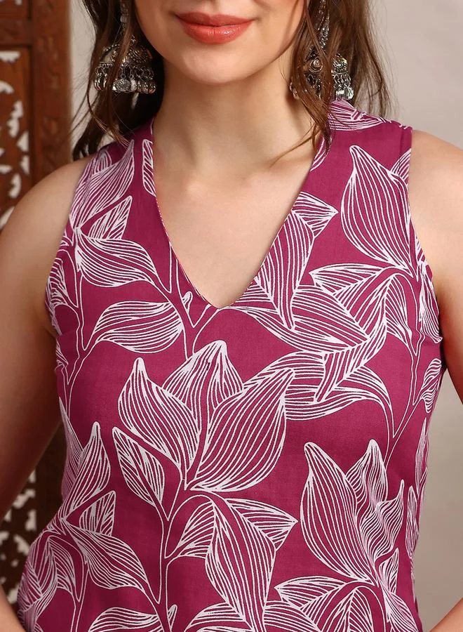 Globus  Women Pink V-Neck Sleeveless Abstract Print Kurta with Pants Set for Women | Best Price UAE