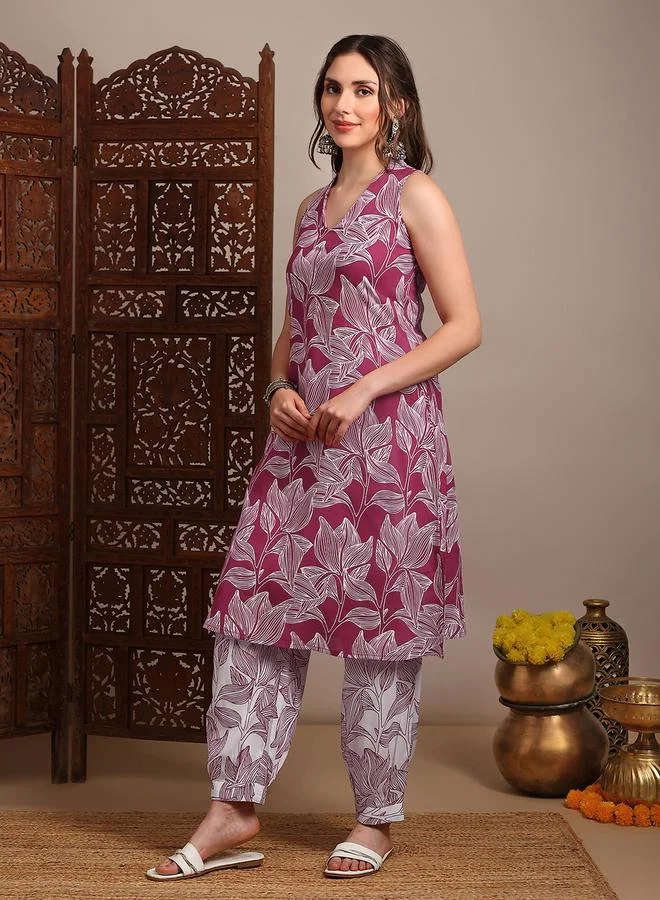 globus Women Pink V-Neck Sleeveless Abstract Print Kurta with Pants Set