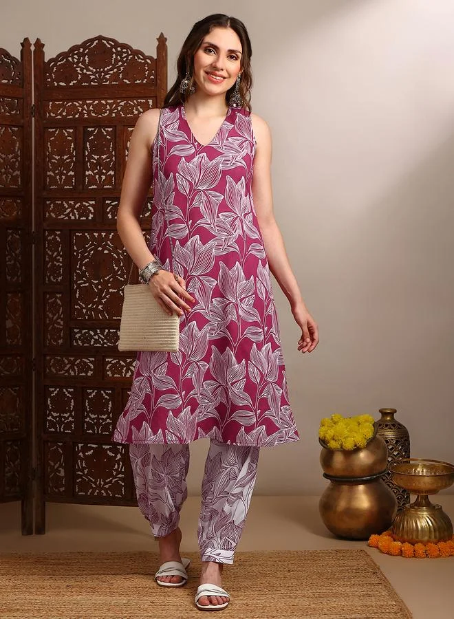 globus Women Pink V-Neck Sleeveless Abstract Print Kurta with Pants Set
