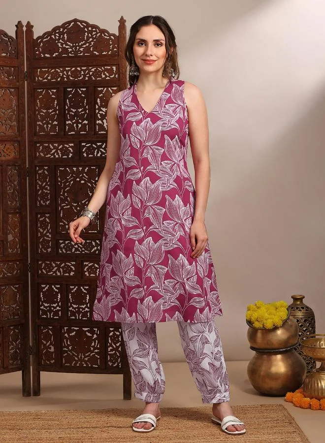 Globus  Women Pink V-Neck Sleeveless Abstract Print Kurta with Pants Set for Women | Best Price UAE