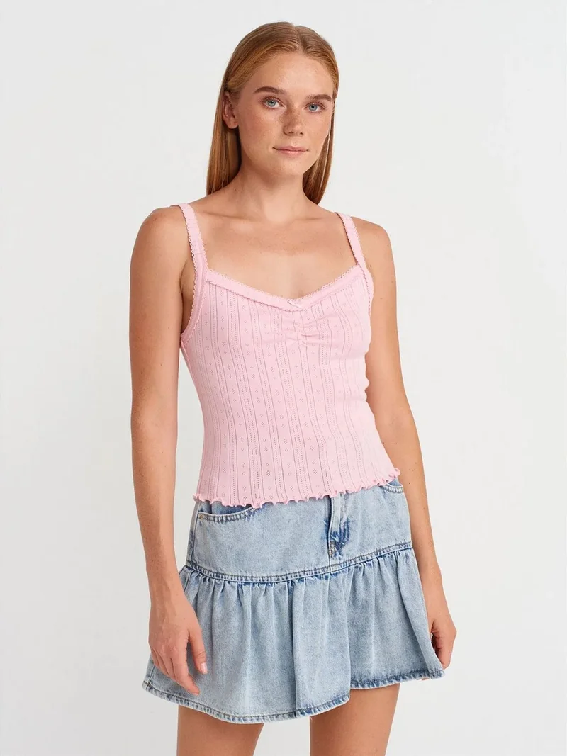 Dilvin DILVIN Cotton Ribbed Square-Neck Cami Blouse