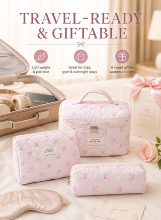 3-Piece Soft Cotton Makeup Bag Set, Large Quilted Floral Cosmetic Organizer with Multiple Sizes, Portable Travel Toiletry Bag for Women and Girls (Light Pink Bow) - view 4