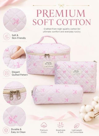 3-Piece Soft Cotton Makeup Bag Set, Large Quilted Floral Cosmetic Organizer with Multiple Sizes, Portable Travel Toiletry Bag for Women and Girls (Light Pink Bow) - view 3