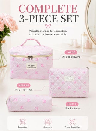 3-Piece Soft Cotton Makeup Bag Set, Large Quilted Floral Cosmetic Organizer with Multiple Sizes, Portable Travel Toiletry Bag for Women and Girls (Light Pink Bow) - view 2