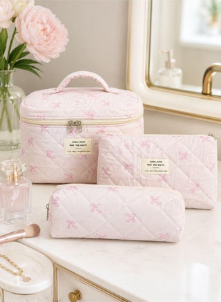 3-Piece Soft Cotton Makeup Bag Set, Large Quilted Floral Cosmetic Organizer with Multiple Sizes, Portable Travel Toiletry Bag for Women and Girls (Light Pink Bow) - view 5
