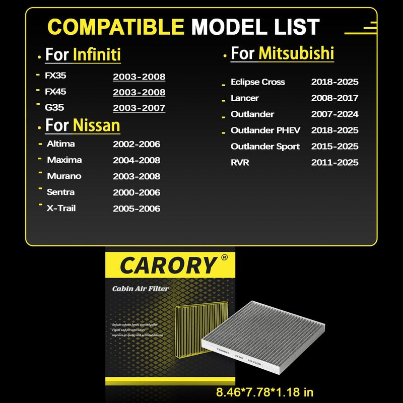 Carory Cabin Air Filter w/Activated Carbon for Mitsubishi Outlander 2007-2024, Outlander Sport 2015-2025, Nissan Altima 2002-2006, Maxima 2004-2008, Infiniti G35 2003-2007 - Replaces CF10140, 7803A005 - Image 2