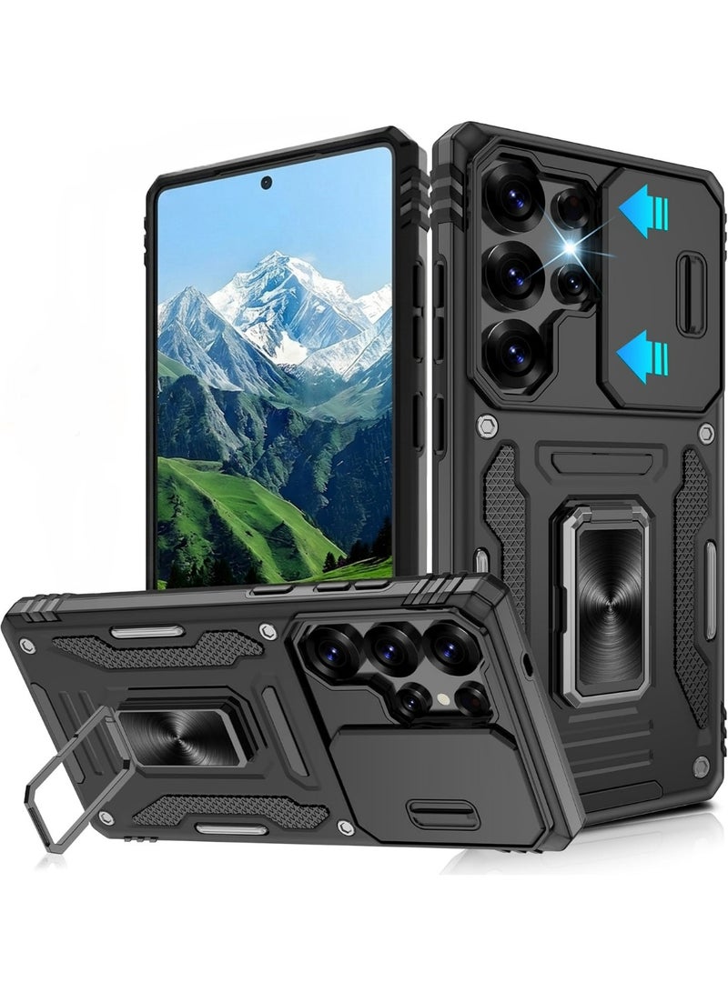 HaDoii Compatible for Samsung Galaxy S25 Ultra Case with Slide Camera Cover, 14FT Military Grade Drop Protection, Car Mounted Magnetic Rotate Kickstand,Cover for S25 Ultra, Black - Image 1