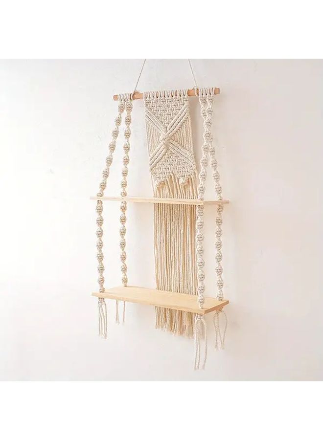 Boho Chic Macrame Wall Hanging Shelves Handmade Woven Tapestry Floating Shelf Beige 12.6 Inch 27.6 Inch Decorative Wood Storage Display For Books Plants Home Living Room - Image 2