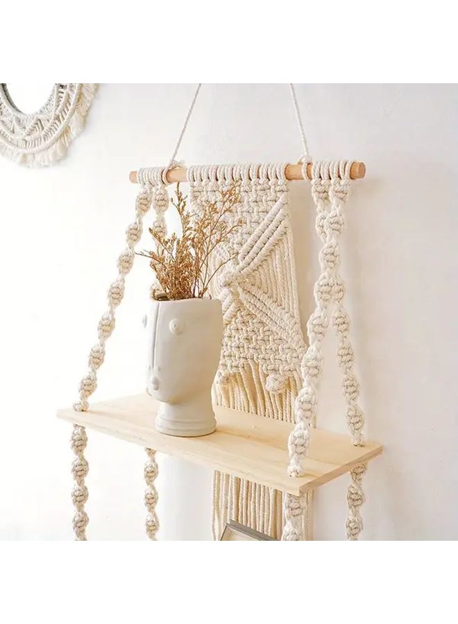 Boho Chic Macrame Wall Hanging Shelves Handmade Woven Tapestry Floating Shelf Beige 12.6 Inch 27.6 Inch Decorative Wood Storage Display For Books Plants Home Living Room - Image 4