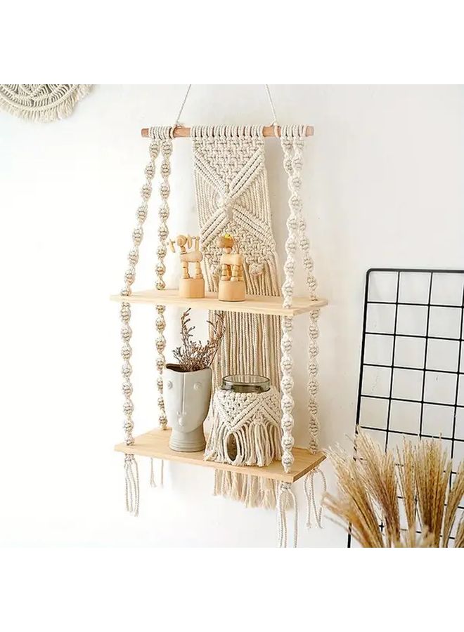 Boho Chic Macrame Wall Hanging Shelves Handmade Woven Tapestry Floating Shelf Beige 12.6 Inch 27.6 Inch Decorative Wood Storage Display For Books Plants Home Living Room - Image 1