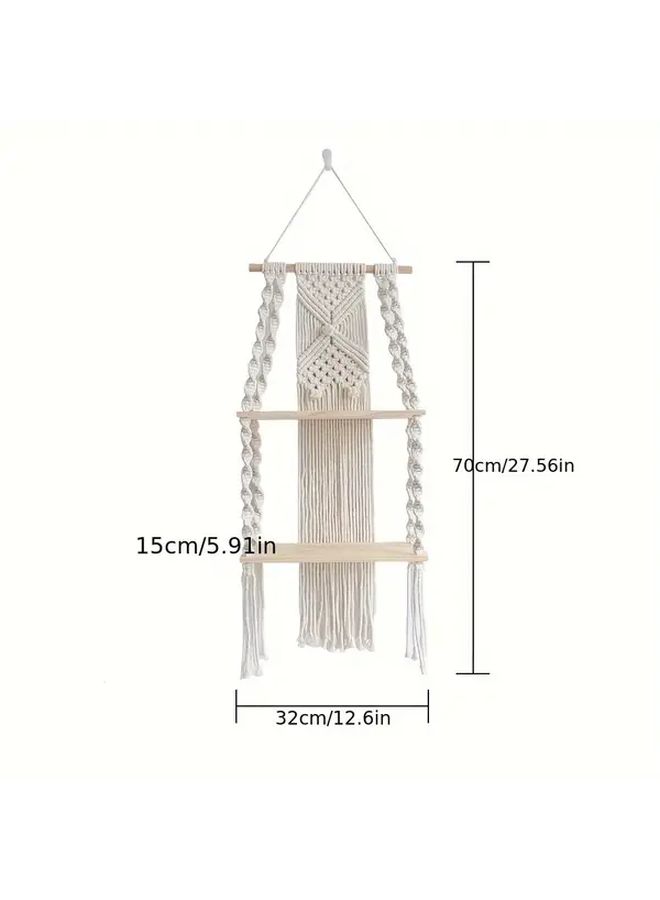 Boho Chic Macrame Wall Hanging Shelves Handmade Woven Tapestry Floating Shelf Beige 12.6 Inch 27.6 Inch Decorative Wood Storage Display For Books Plants Home Living Room - Image 3