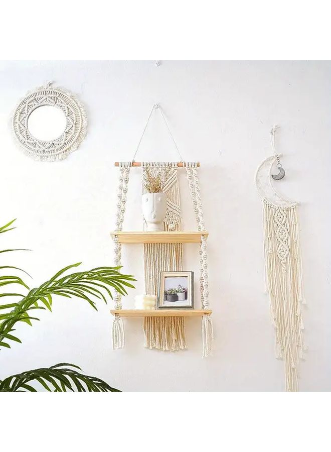 Boho Chic Macrame Wall Hanging Shelves Handmade Woven Tapestry Floating Shelf Beige 12.6 Inch 27.6 Inch Decorative Wood Storage Display For Books Plants Home Living Room - Image 5
