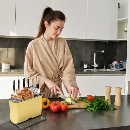 BAREPEPE Self Adhesive Plastic Wall Mounted Kitchen Cutlery Holder,Spoon Holder,Chopstick Holder Organizer Stand (Green & Yellow) - Image 2