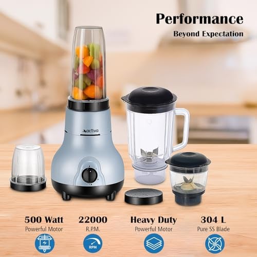 ACTIVA Easy Mix Nutri 4 Jar Mixer Grinder for Smoothies, Chutney & Shakes, Long Lasting Shock Proof Abs Body, Powerful 500 Watt Heavy Duty Motor Grey - Image 2