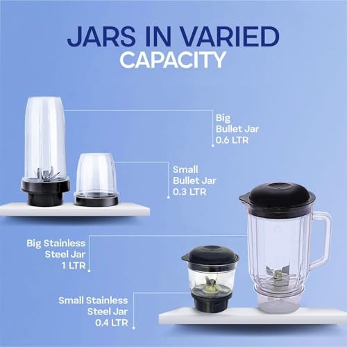 ACTIVA Easy Mix Nutri 4 Jar Mixer Grinder for Smoothies, Chutney & Shakes, Long Lasting Shock Proof Abs Body, Powerful 500 Watt Heavy Duty Motor Grey - Image 5