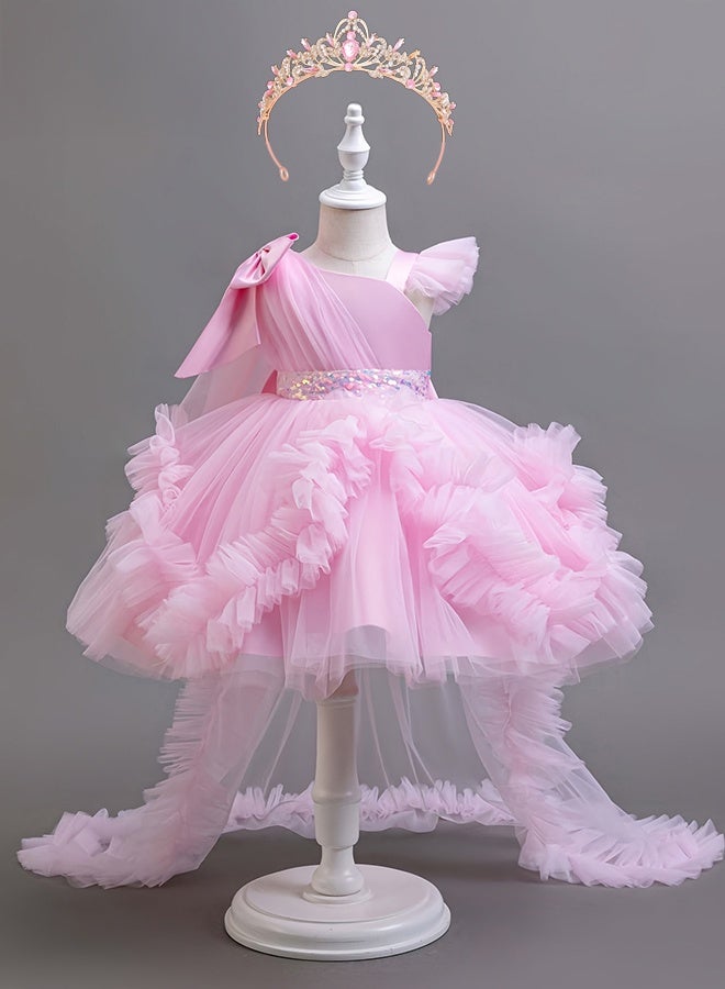شبيلي فستان أميرة أنيق للبنات بأكمام كشكش وتنورة واسعة وردي من مزيج الفيسكوز الناعم لحفلات العيد والتصوير وهدية عيد ميلاد مع تاج ملكي فاخر - Image 1