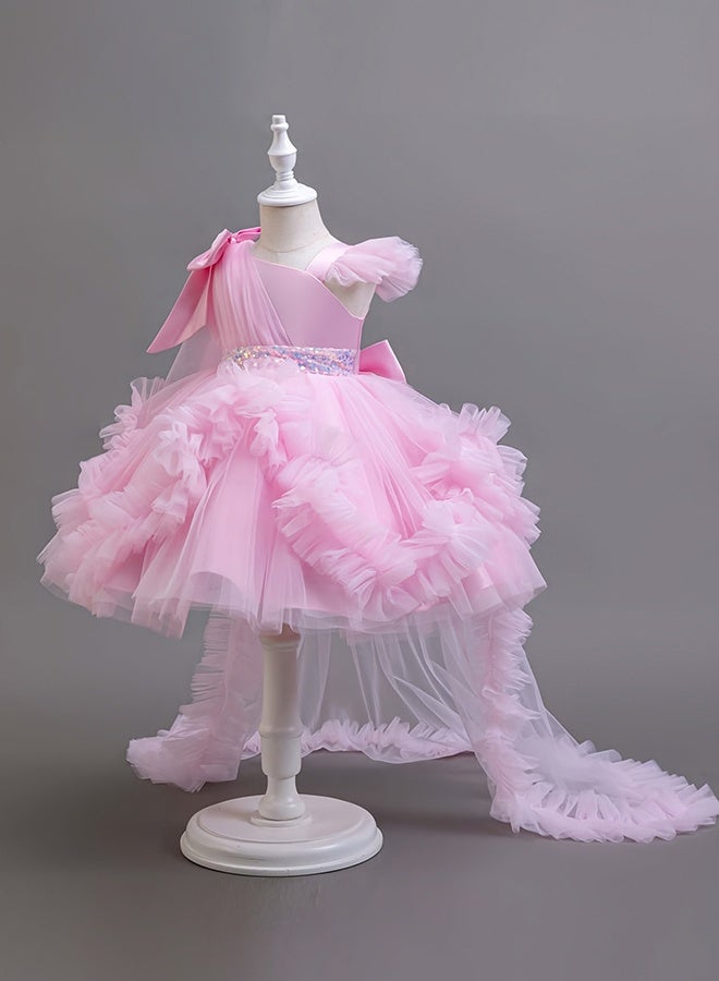 شبيلي فستان أميرة أنيق للبنات بأكمام كشكش وتنورة واسعة وردي من مزيج الفيسكوز الناعم لحفلات العيد والتصوير وهدية عيد ميلاد مع تاج ملكي فاخر - Image 2